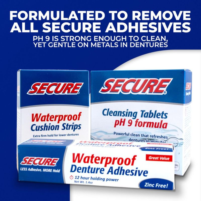 Tiras adhesivas para dentadura Secure impermeables sin zinc - paquete de 30