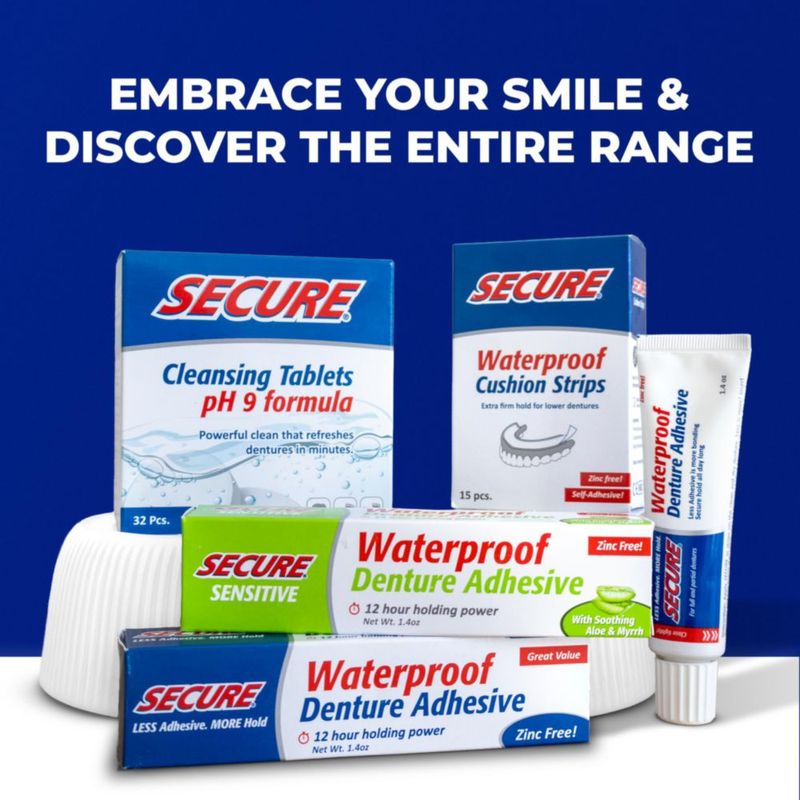 Tiras adhesivas para dentadura Secure impermeables sin zinc - paquete de 30