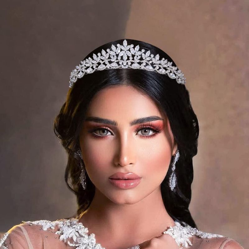 Tiara de Boda FASNAHOK Corona de Princesa Floral con CZ Plateada