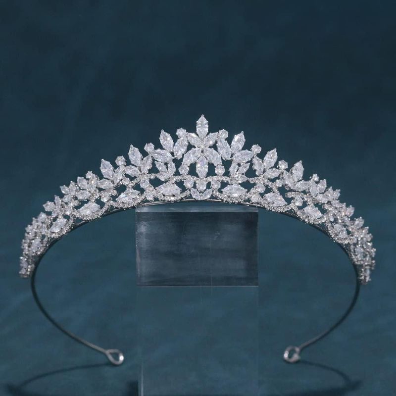Tiara de Boda FASNAHOK Corona de Princesa Floral con CZ Plateada