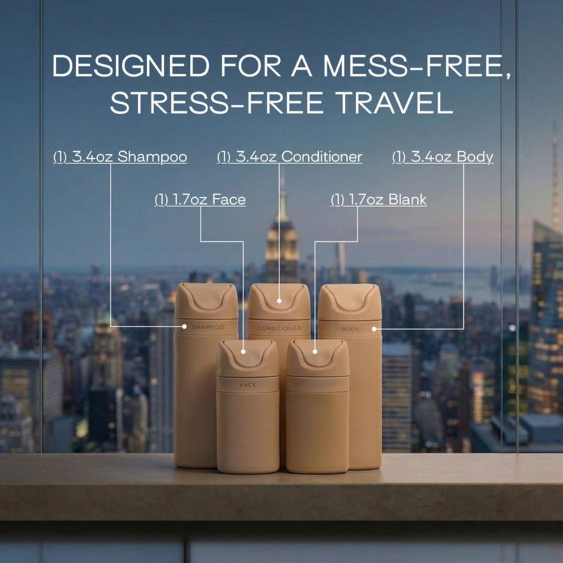 Juego de 5 botellas de viaje RIES 34 oz/17 oz – Aprobado por la TSA