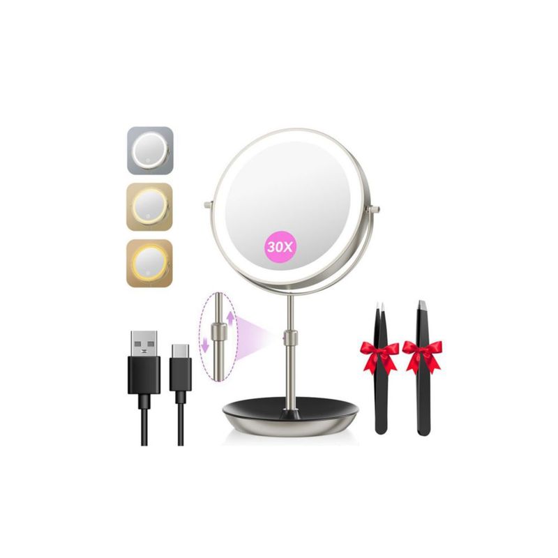 Auxmir Espejo de Maquillaje Iluminado de 9" 1X/30X Espejo de Magnificación Recargable