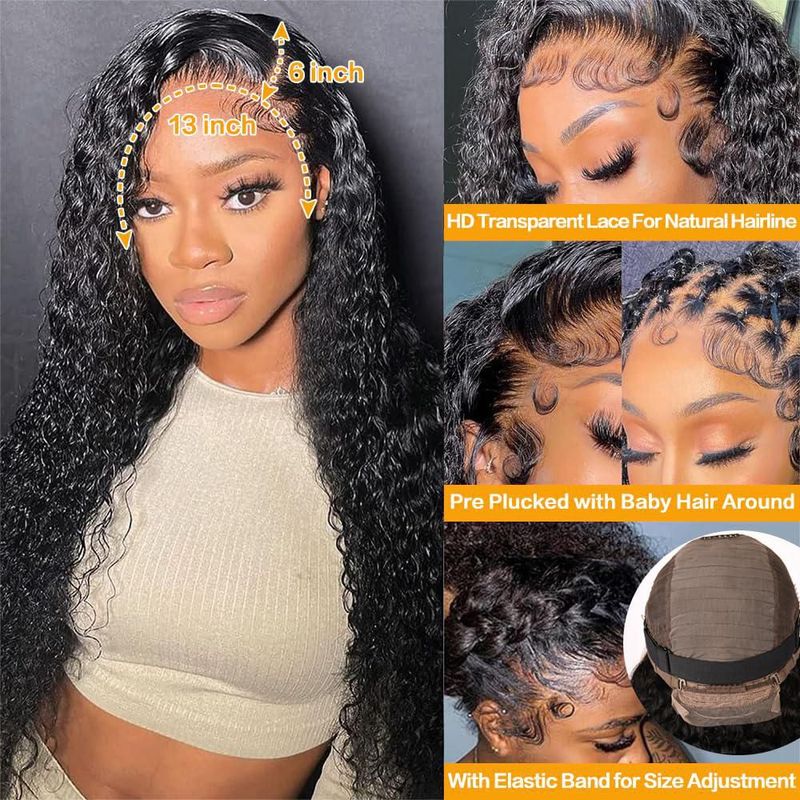 NANTLIY Peluca con Encaje Frontal 13x6 Onda Profunda de Cabello Humano Densidad 200% Encaje Suizo HD Transparente Sin Pegamento Preplumada con Baby