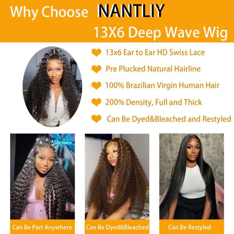 NANTLIY Peluca con Encaje Frontal 13x6 Onda Profunda de Cabello Humano Densidad 200% Encaje Suizo HD Transparente Sin Pegamento Preplumada con Baby