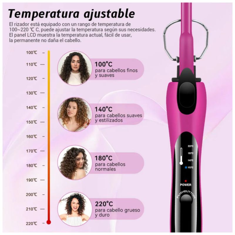 Tenaza Rizadora De Cabello De Cerámica De 9mm C/pantalla Lcd Temperatura 100-220 Color Morado