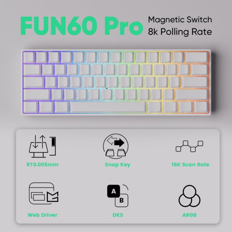 Teclado MONSGEEK FUN60 Pro Inalámbrico 60% Blanco ARGB