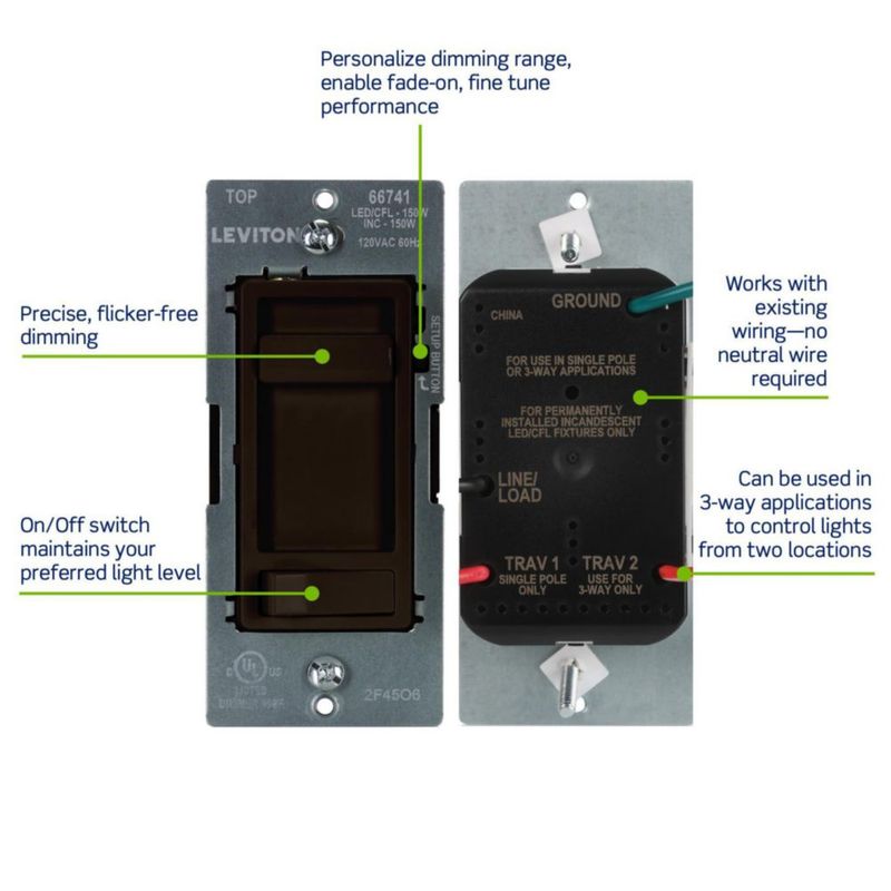 Interruptor regulador Leviton 66741‑B Marrón 120 V 150 W LED