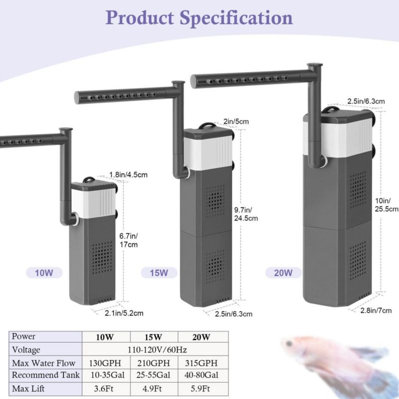 Filtro de acuario VILLNO 10W 130 GPH 10‑35 gal 3‑en‑1