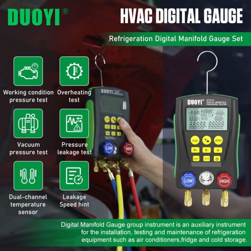 Set de Manómetros Digitales Doble de Presión y Temperatura DUOYI