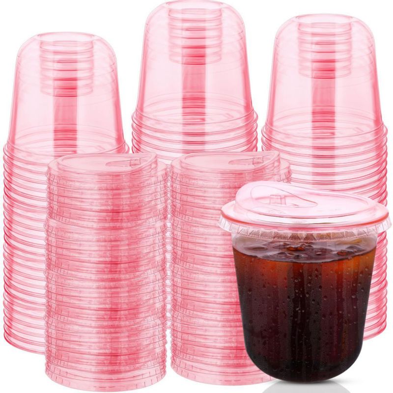 Vaso desechable Mkhaslri 355 ml Rosa Pack de 100 con tapas