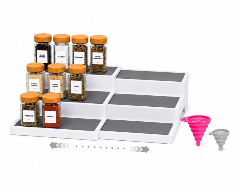 Organizador de especias Tidy Train de 3 niveles extensible de 24 a 44 cm