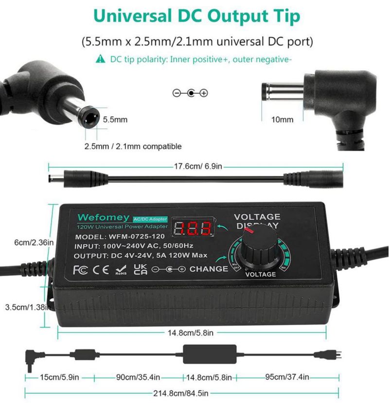 Fuente de alimentación universal Wefomey 120 W DC 3 V-24 V 5 A con 14 puntas
