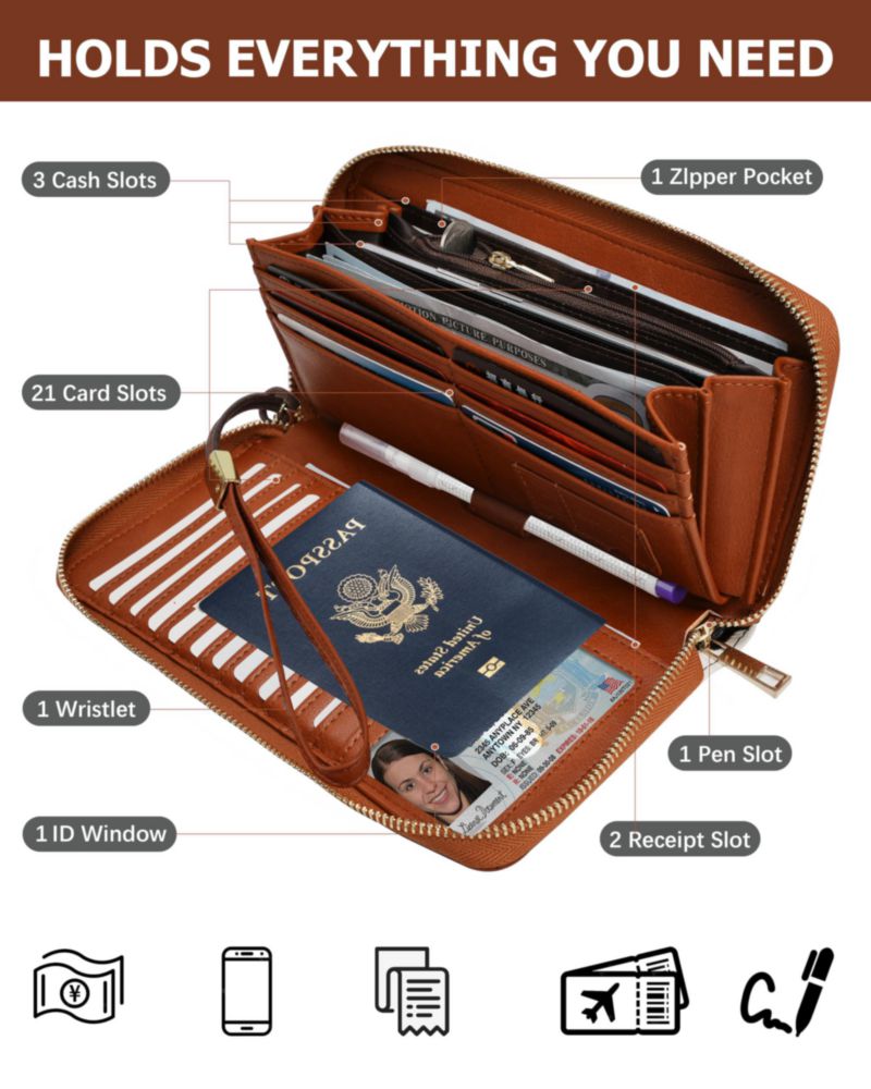 Billetera Sunpour Grande para Mujer con Cremallera Pasaporte y Correa de Muñeca