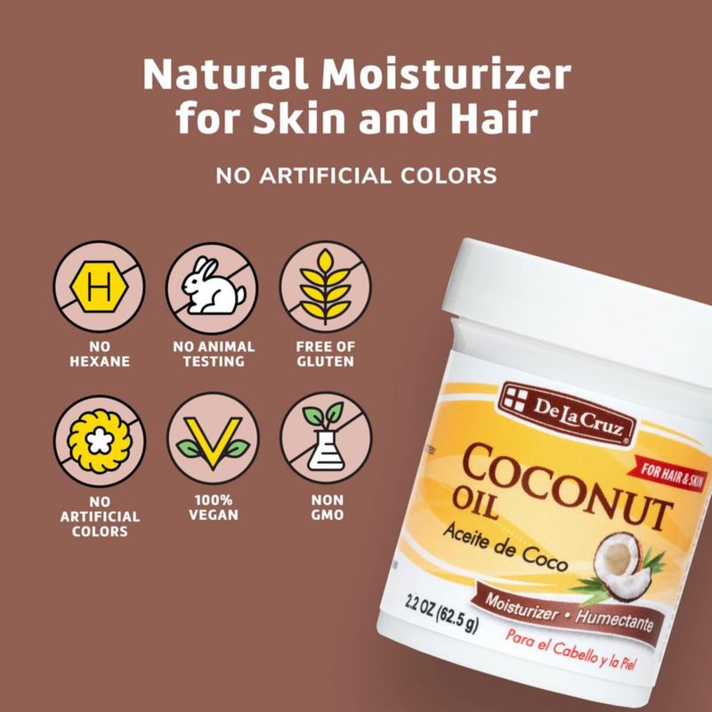 Aceite de coco De La Cruz - Aceite de coco prensado en frío para piel y cabello - Hidratante natural para piel y cabello - 2.2 oz (6 frascos)