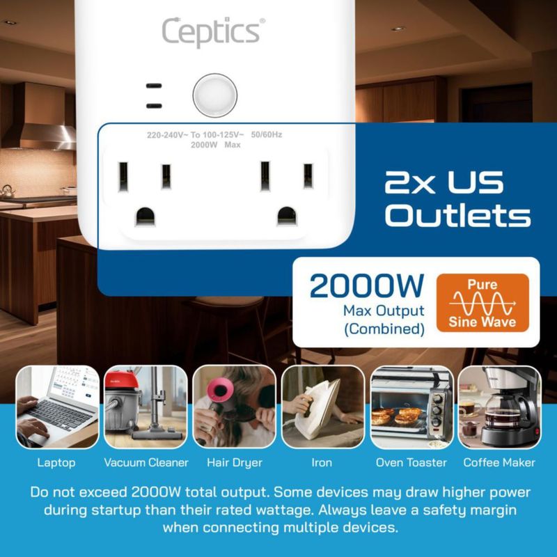 Convertidor Ceptics 2000 W 220 V a 110 V 6‑en‑1