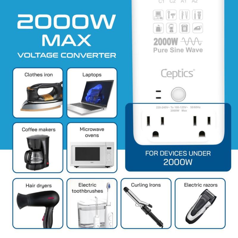 Convertidor Ceptics 2000 W 220 V a 110 V 6‑en‑1