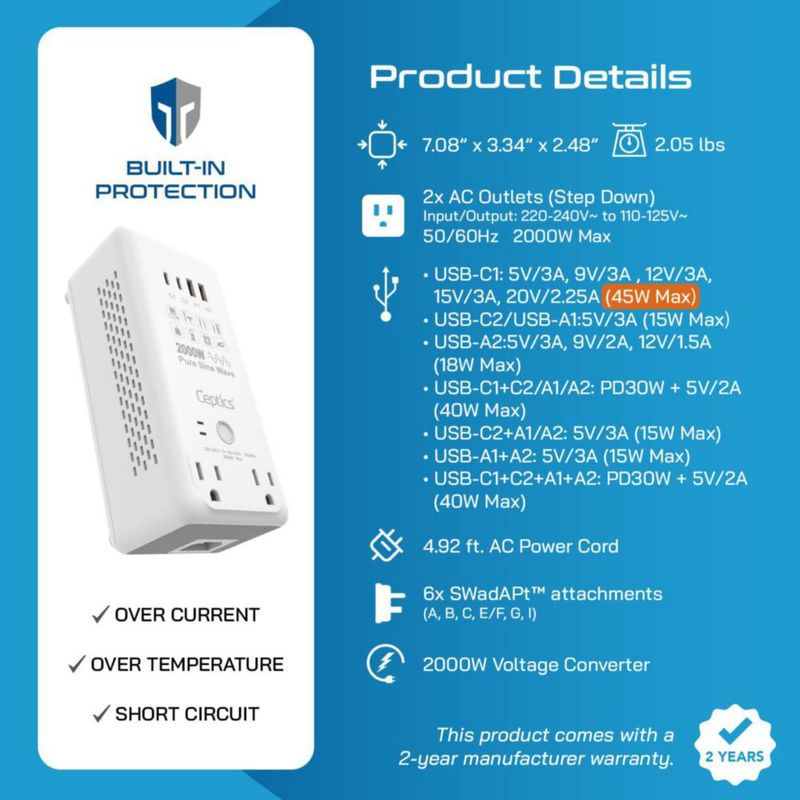 Convertidor Ceptics 2000 W 220 V a 110 V 6‑en‑1