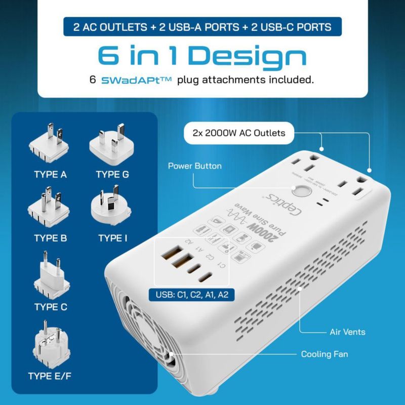 Convertidor Ceptics 2000 W 220 V a 110 V 6‑en‑1