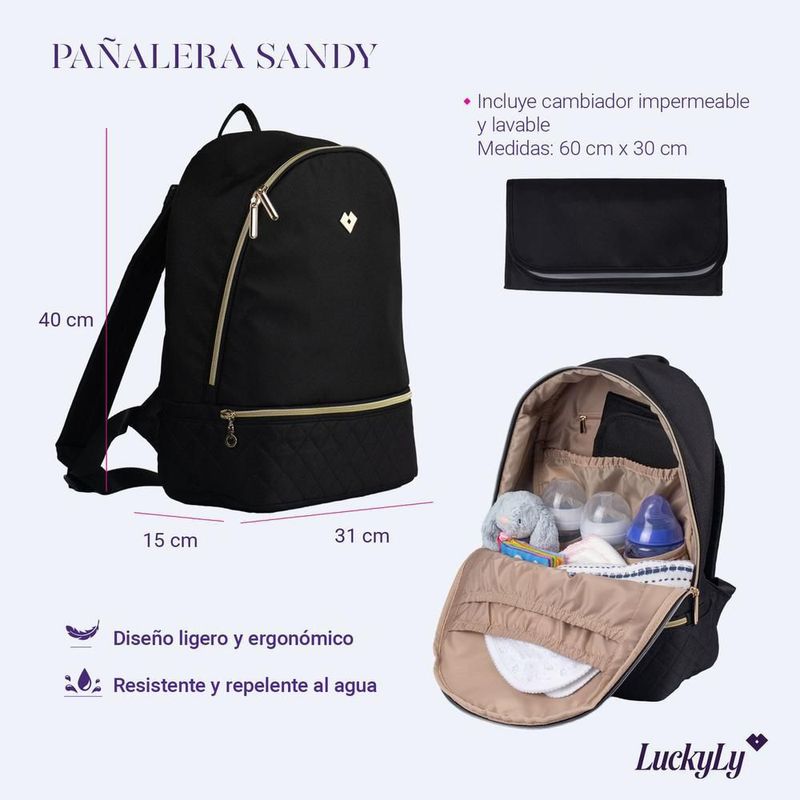 Pañalera luckyly múlticompartimentos repelente térmico cambiador sandy negro
