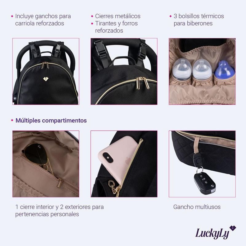 Pañalera luckyly múlticompartimentos repelente térmico cambiador sandy negro