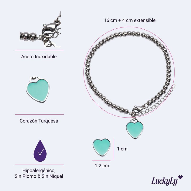 Pulsera luckyly baño oro rosa 18k acero inoxidable dije corazón ada plateado