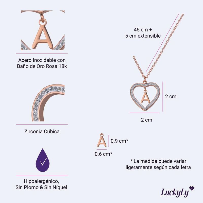 Collar luckyly acero inox inicial a - z baño oro rosa 18k adina rosa