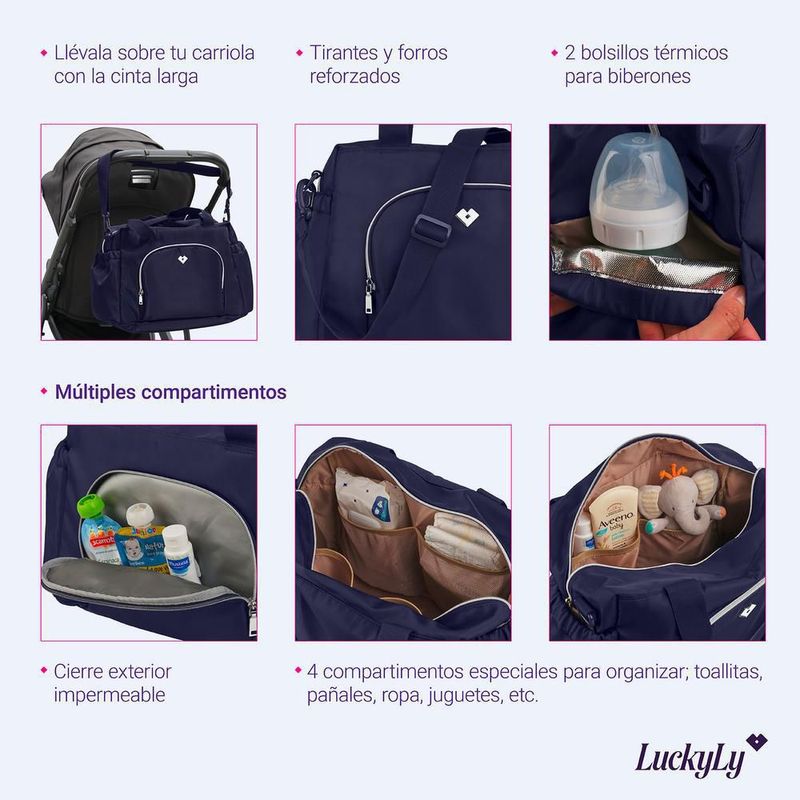 Pañalera luckyly múlticompartimentos repelente térmica cambiador alena azul