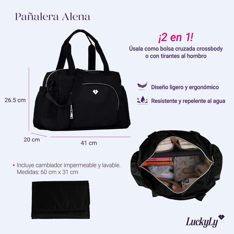 Pañalera luckyly múlticompartimentos repelente térmica cambiador alena negro
