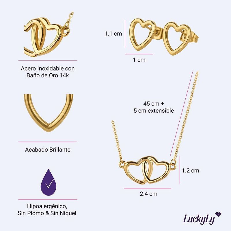 Set de joyería luckyly baño oro baño oro o rosa 14k corazón doble elsie dorado