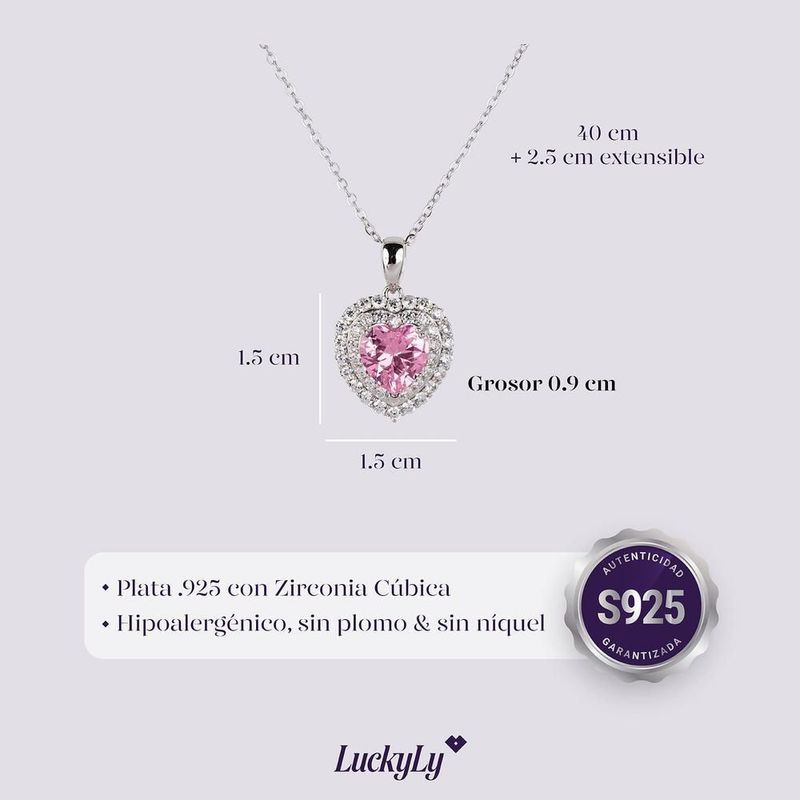 Collar luckyly dije de corazón brillante plata .925 con zirconia cúbica zaria rosa