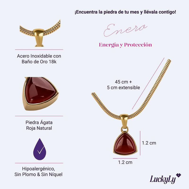 Collar luckyly acero inoxidable baño oro 18k con piedra natural de nacimiento sofi rojo
