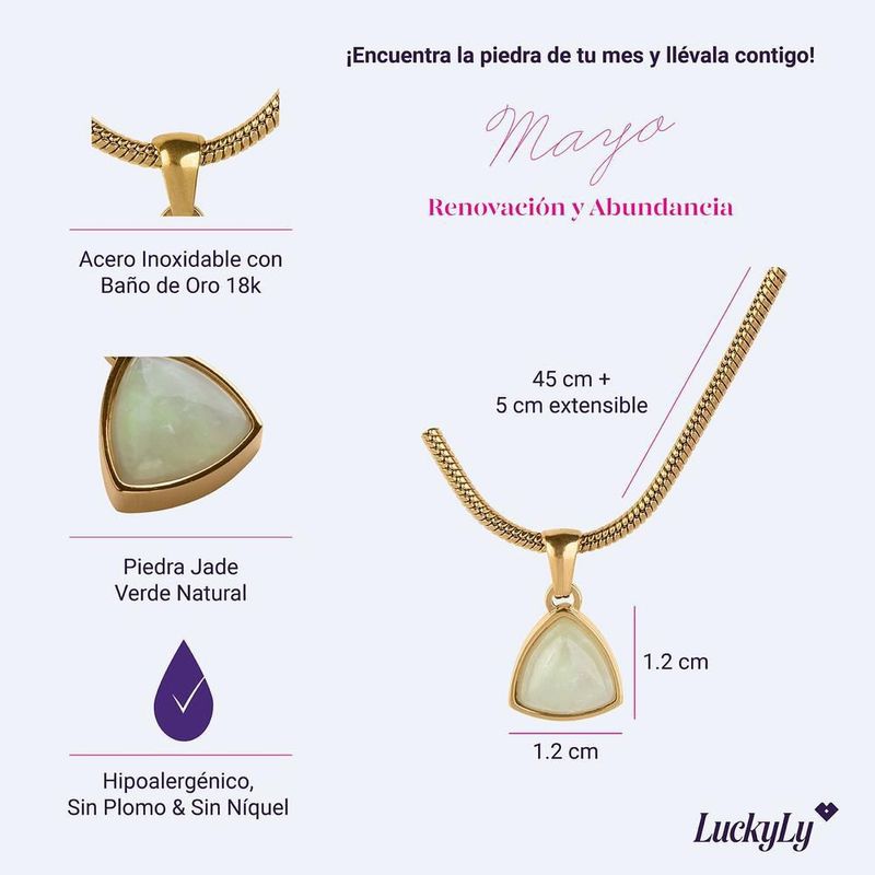 Collar luckyly acero inoxidable baño oro 18k con piedra natural de nacimiento sofi verde claro
