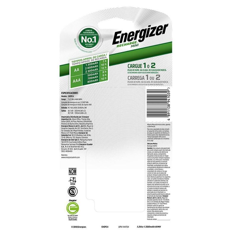 Cargador energizer mini aa-aaa 2 pilas aa 1300mah ch2pc4