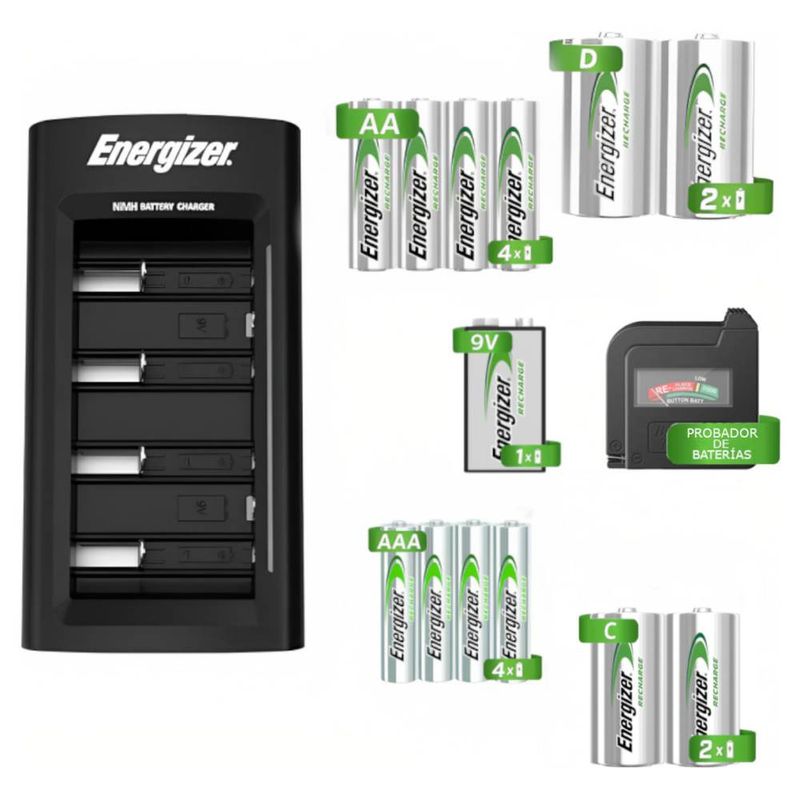 Cargador Universal Energizer pilas AA,AAA,C,D, 9V + Probador