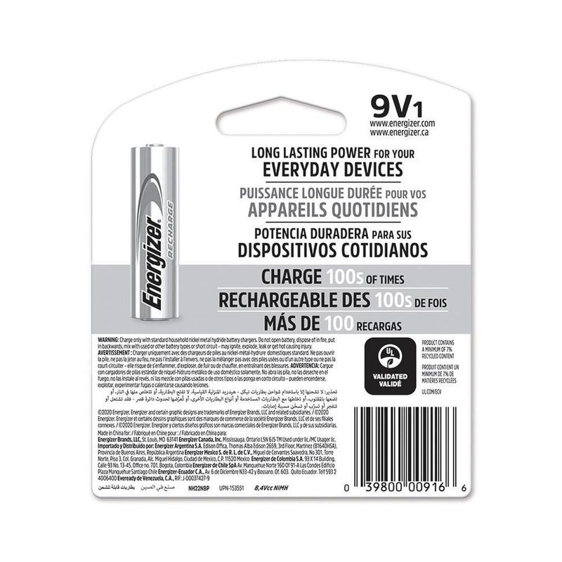 Pila energizer 9v recargable blister 12 unidades