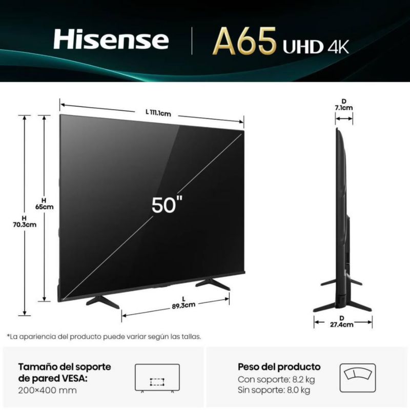 Televisión Pantalla 50 Pulgadas Hisense Smart TV 4K UHD 50A65NV