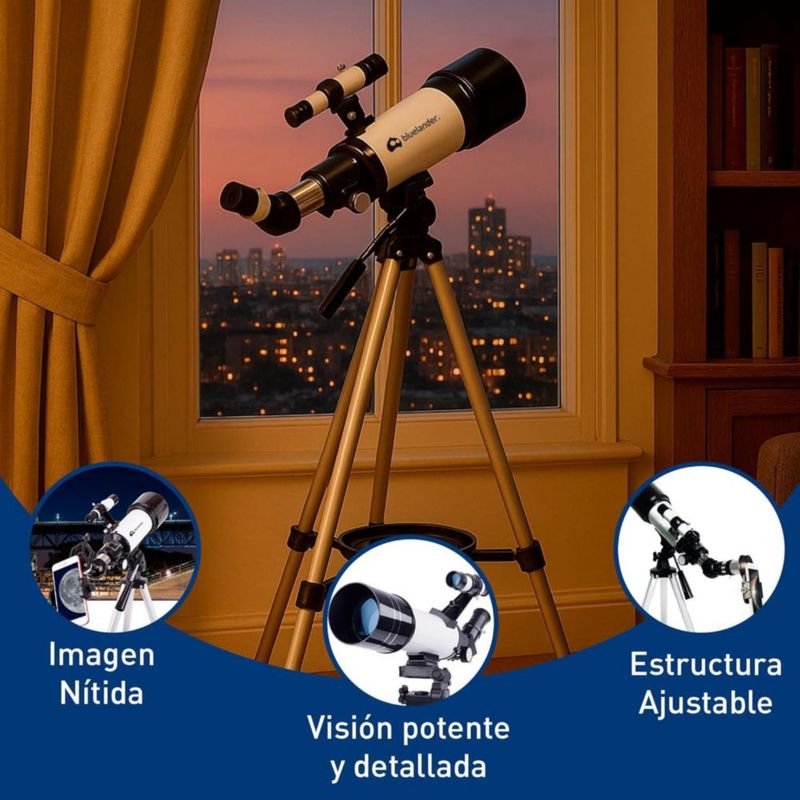 Telescopio Bluelander  Astronómico 70 mm, Trípode 70–136 cm, Alta Definición, 2 Oculares, Lentes Barlow, Filtro Lunar, Soporte para Teléfono, (Negro).