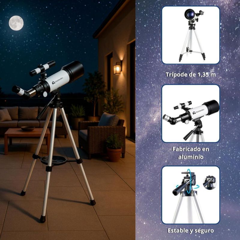 Telescopio Bluelander  Astronómico 70 mm, Trípode 70–136 cm, Alta Definición, 2 Oculares, Lentes Barlow, Filtro Lunar, Soporte para Teléfono, (Negro).