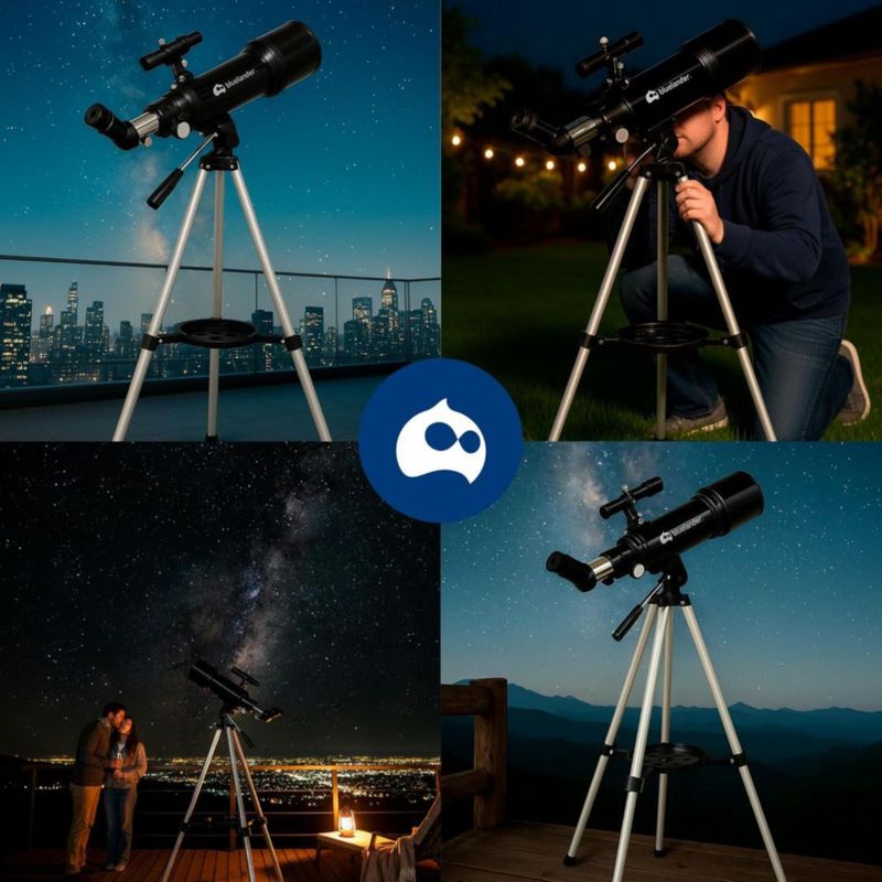 Telescopio Bluelander  Astronómico 70 mm, Trípode 70–136 cm, Alta Definición, 2 Oculares, Lentes Barlow, Filtro Lunar, Soporte para Teléfono, (Negro).