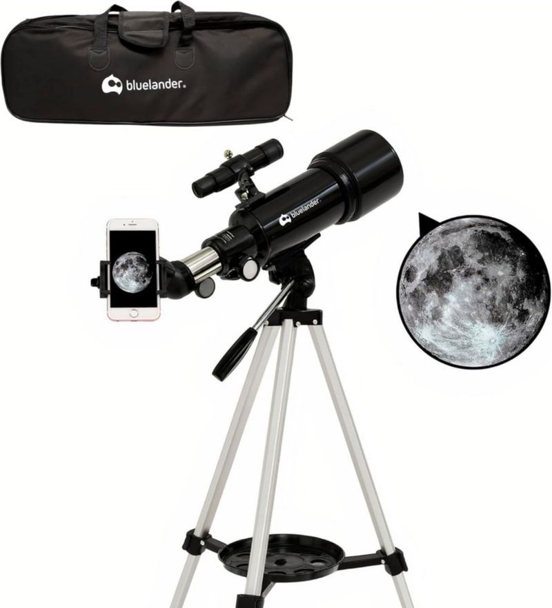 Telescopio Bluelander  Astronómico 70 mm, Trípode 70–136 cm, Alta Definición, 2 Oculares, Lentes Barlow, Filtro Lunar, Soporte para Teléfono, (Negro).