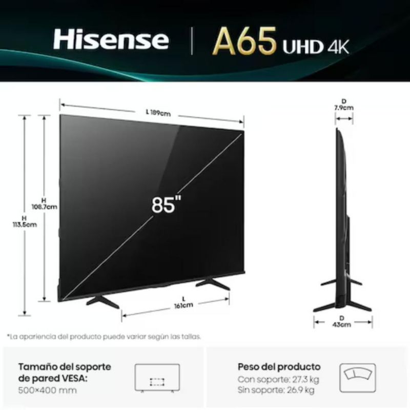Televisión Pantalla 85 Pulgadas Hisense Smart TV 4K UHD 85A65NV