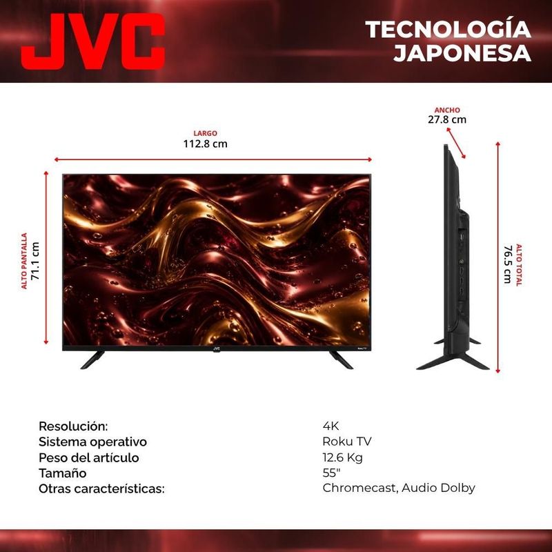 JVC Pantalla Televisión Smart TV 55 Pulgadas LED 4K UHD Roku Frameless Dolby Audio 3 HDMI 2 USB 1 AV SI55URF