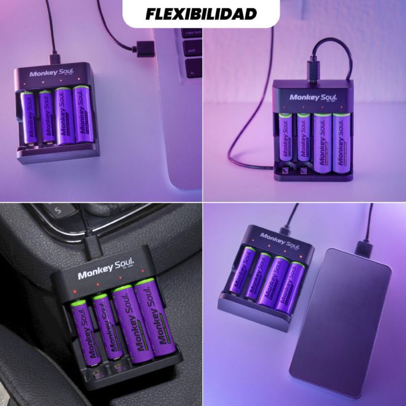 Cargador Pilas Baterías + 8 AA Recargables Monkey Soul USB-C