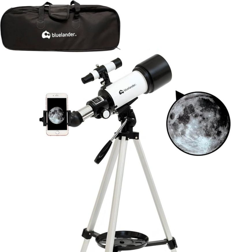 Telescopio  Blulander Astronómico 70 mm, Trípode 70–136 cm, Alta Definición, 2 Oculares, Lentes Barlow, Filtro Lunar, Soporte para Teléfono, (Blanco)