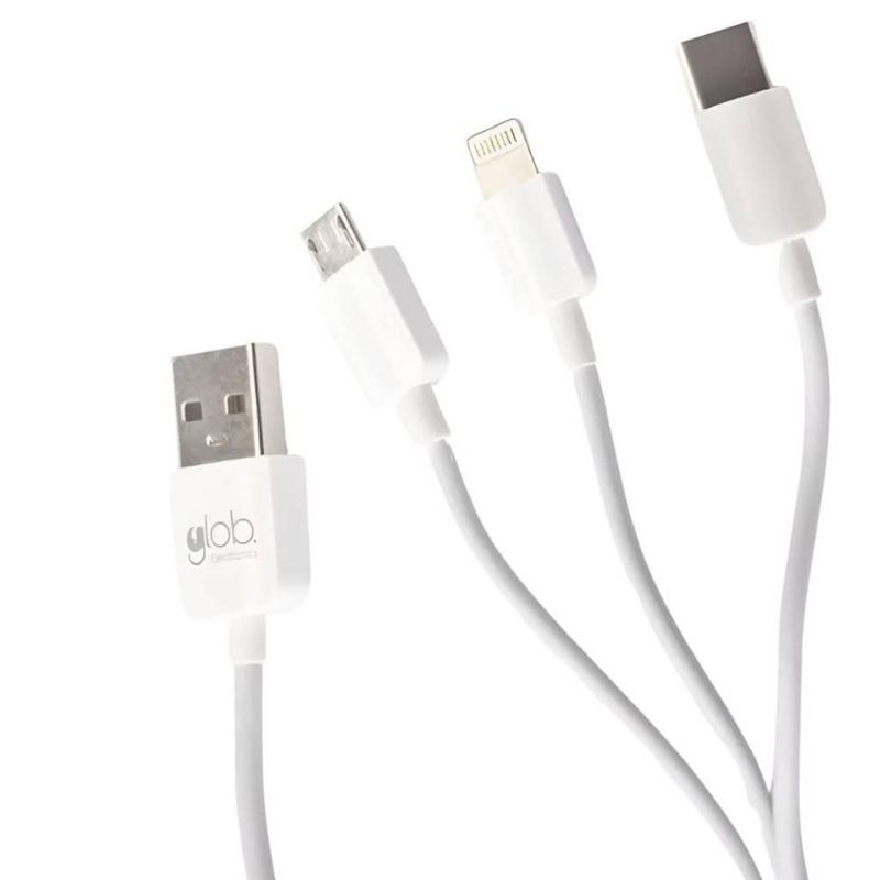 Cable de Carga 3 en 1 Glob Micro, Lightning, tipo C Uso Rudo 1 metro