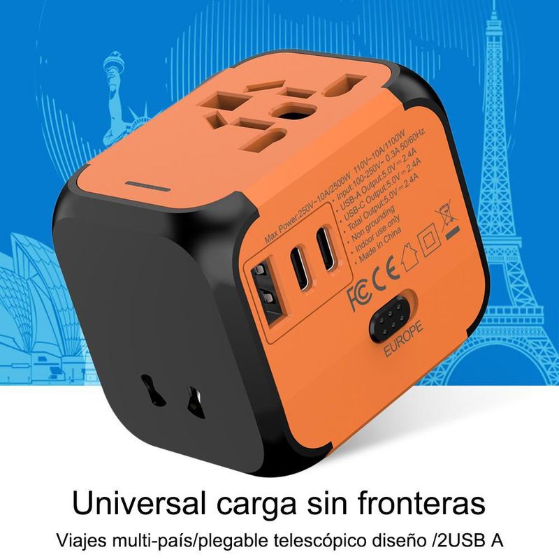 Adaptador de Enchufe Universal con USB C y USB A, Cargador de Viaje Internacional para Más de 200 Países, HOGAWAY