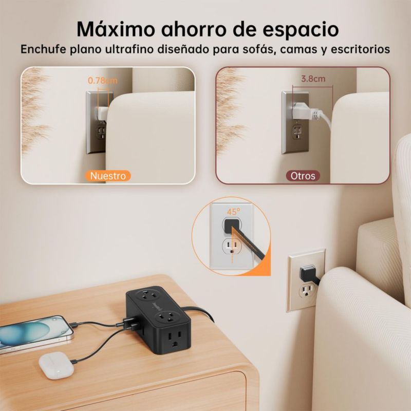 SMALLRT Regleta Multicontacto con 4 Multiple Enchufes, Multicontacto Escritorio con Extensión Plana, 3.04M Extension Electrica c