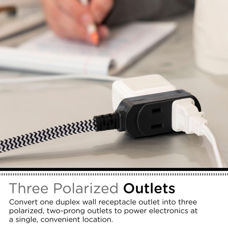 Cordinate Designer, Extension Electrica de 3 salidas polarizadas, Cable Trenzado de 2.4 m (8 pies), Sistema de Seguridad para Tr