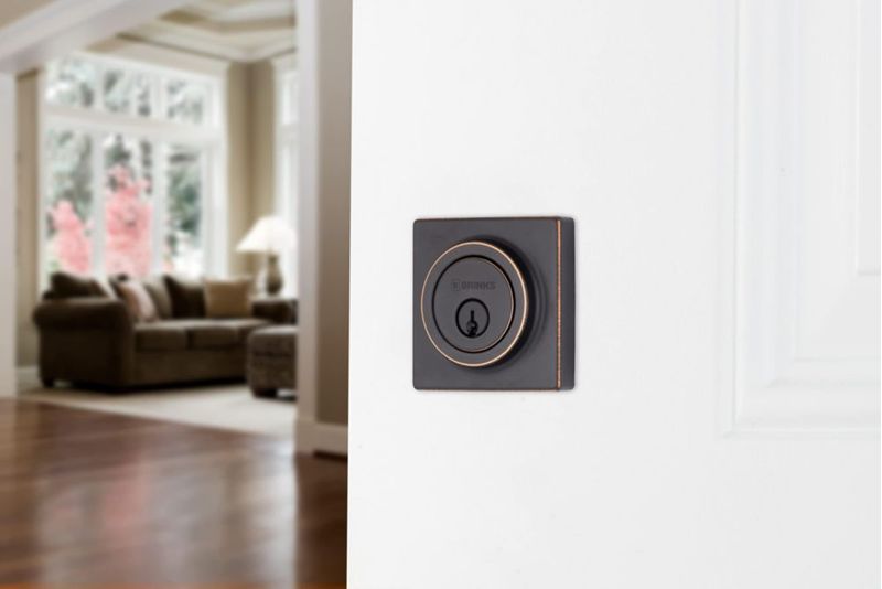 Brinks - Cerradura de cerrojo de un solo cilindro, bronce toscano - Entrada cuadrada para puerta delantera con llave exterior –