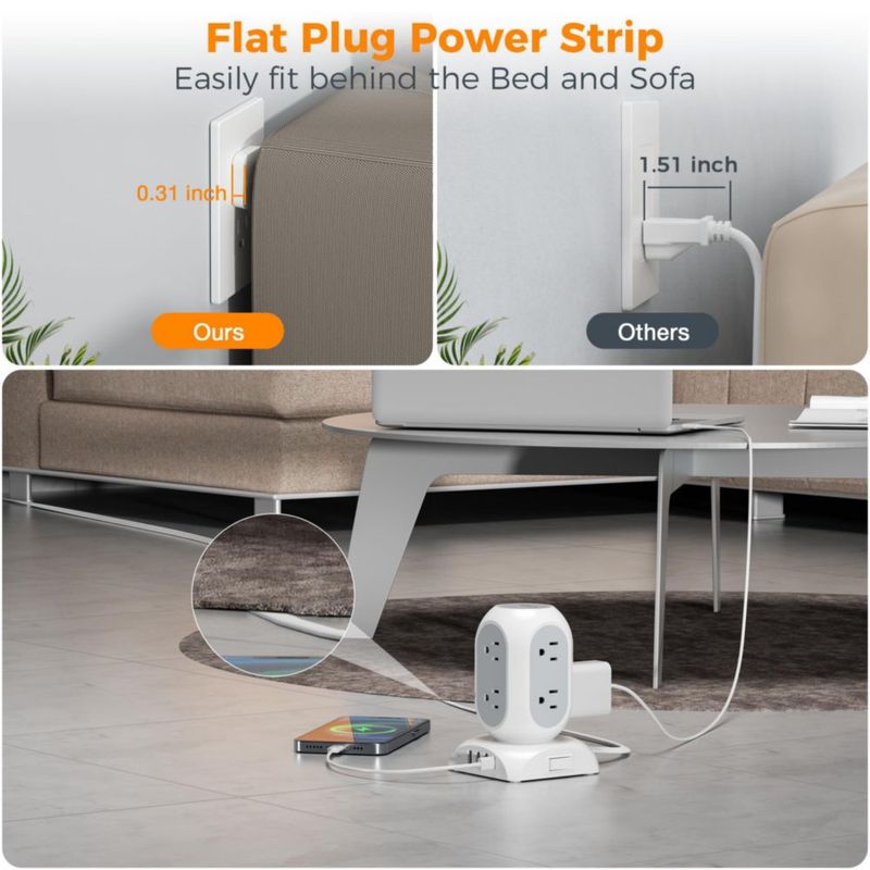 TESSAN Regleta Torre Multicontacto Protector de Sobretensión, 3M Extension Electrica Enchufe Plano con 8 Salidas CA y 4 USB(1 US